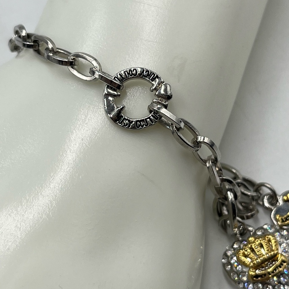 Juicy Couture‎ Chain Bracelet Pave Crystal Silver Gold Tone Puff Heart Charms - Picture 4 of 16